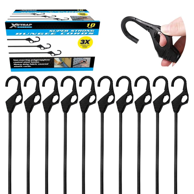 XSTRAP STANDARD Heavy Duty Bungee Cords 10PK Premium Bungee Cords with Finger-Hole Hooks for Camping, Car, Truck, Tents, Luggage Rack, and Cargo (10pcs Black, 24inch) - Image 1